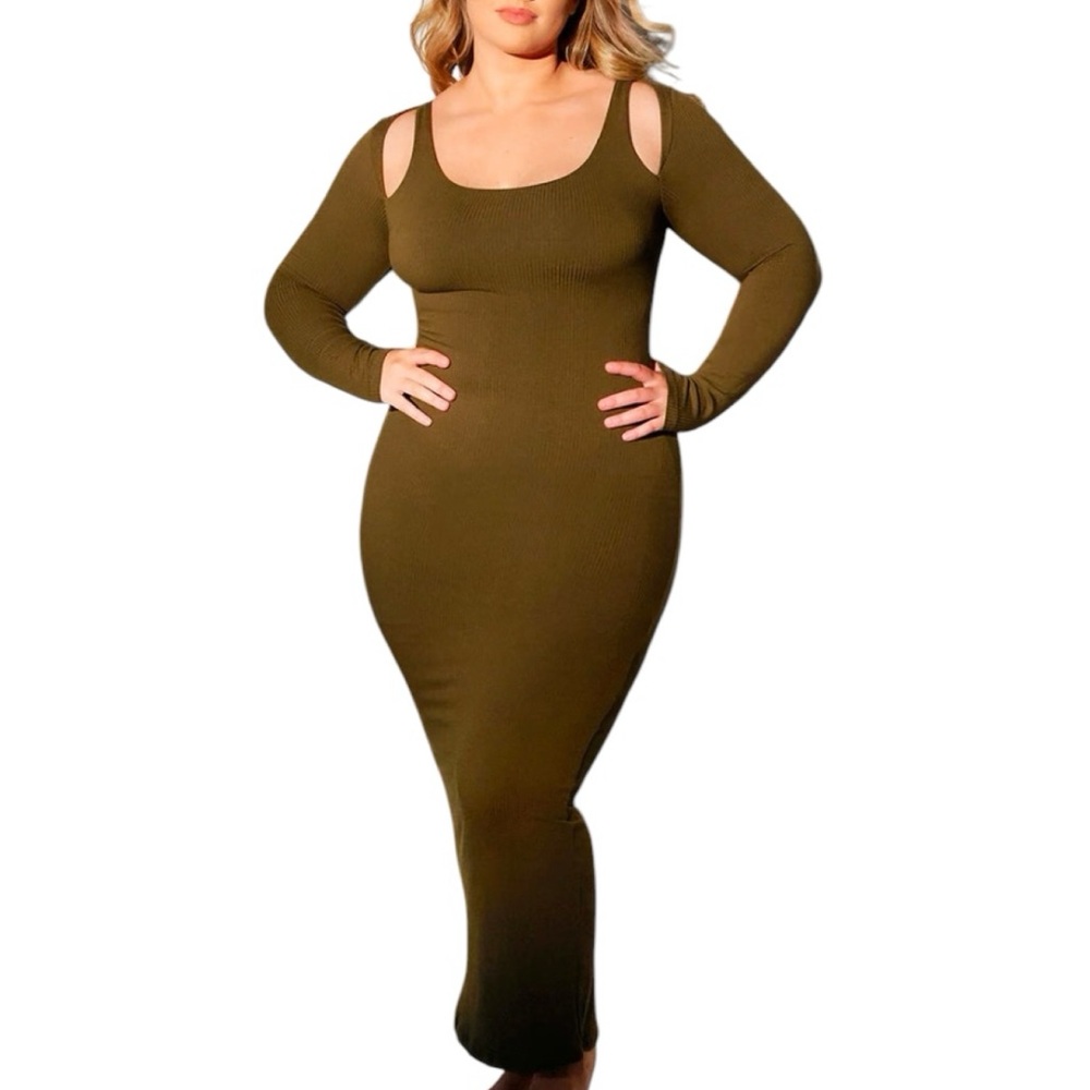 NWT Shapellx Large Olive Green Cozy Ribbed Shoulder Cut-Out Shaping Dress